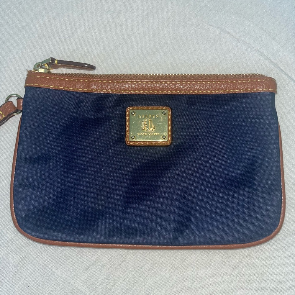 Navy Blue and Brown Ralph Lauren Wristlet With Gold Accents